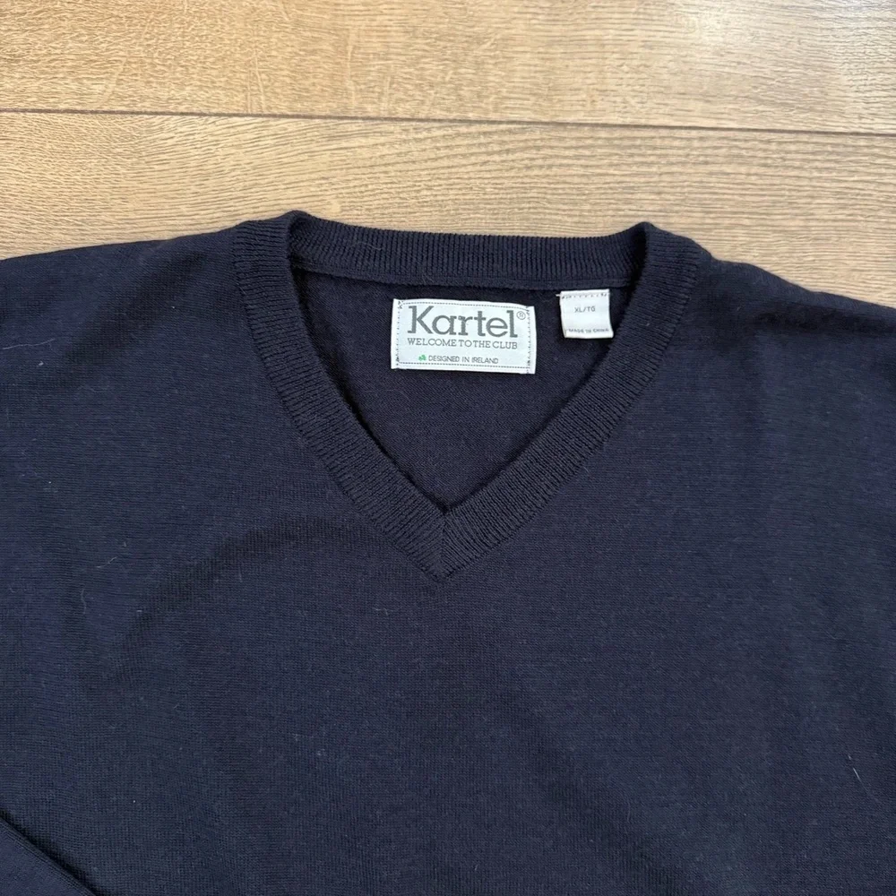 Kartel Sweater Mens XL Navy Blue V Neck Marino Wool Knit Long Sleeve Classic‎